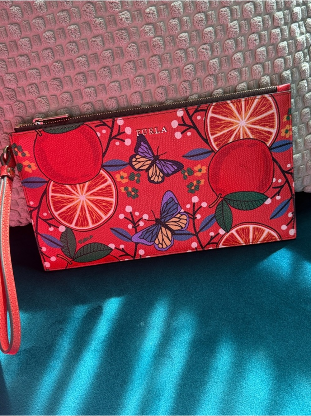 Furla Red Citrus & Butterfly Wristlet NWOT. RARE